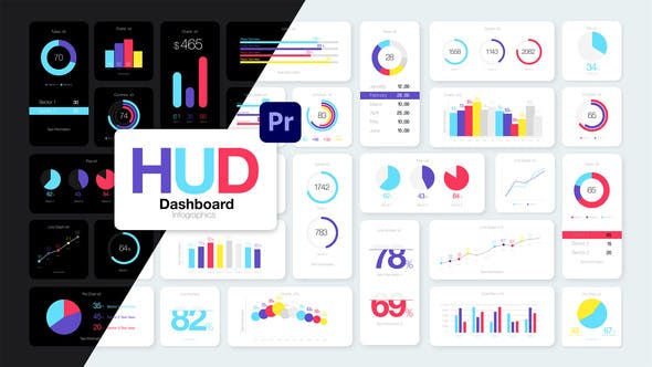 PR模板-彩色企业商务信息数据图表动画包 HUD Dashboard Infographics Essential Graphics for Premiere Pro