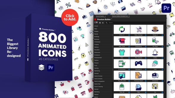 PR脚本-800个创意时尚社交媒体生活网络商品建筑体育交通天气食品MG图标动画 PremiumBuilder Animated Icons