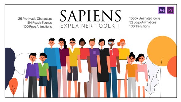 PR模板/AE模板- 现代网络社交媒体二维卡通人物场景介绍展示动画包 Sapiens Explainer Toolkit