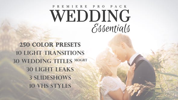 PR模板-333个浪漫婚礼调色相册照片文字标题视觉特效项目动画展示预设包 Wedding Essentials Pack for Premiere Pro