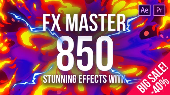 AE/PR脚本插件-850种动漫卡通火焰烟雾能量电流爆炸转场液体霓虹魔法MG动画元素包 FX Master